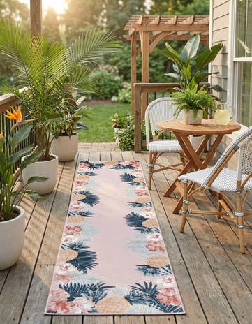 Pink Easy-Clean Botanical Indoor / Outdoor Runner Rug
