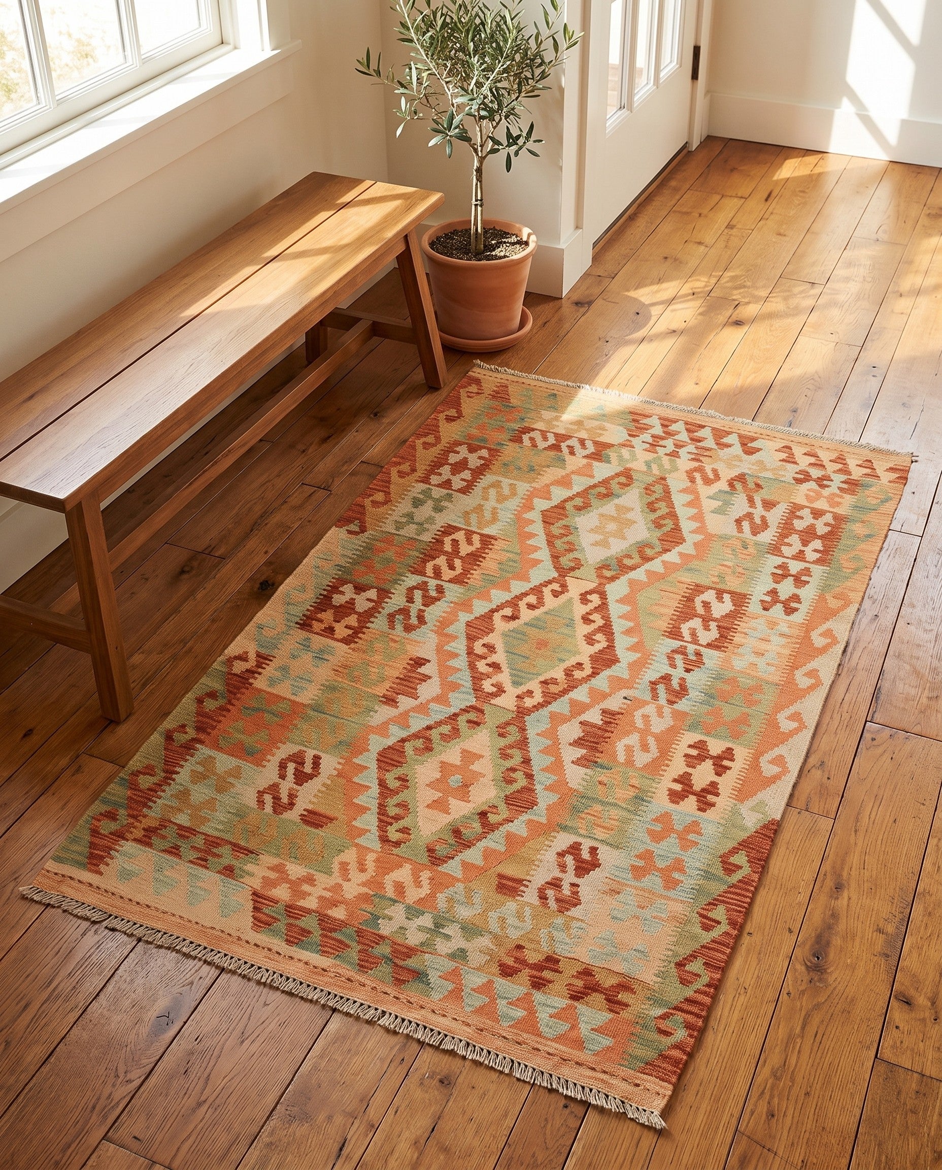 3' 2 x 5' 2 Hand Woven Kilim Waziri Wool Rug