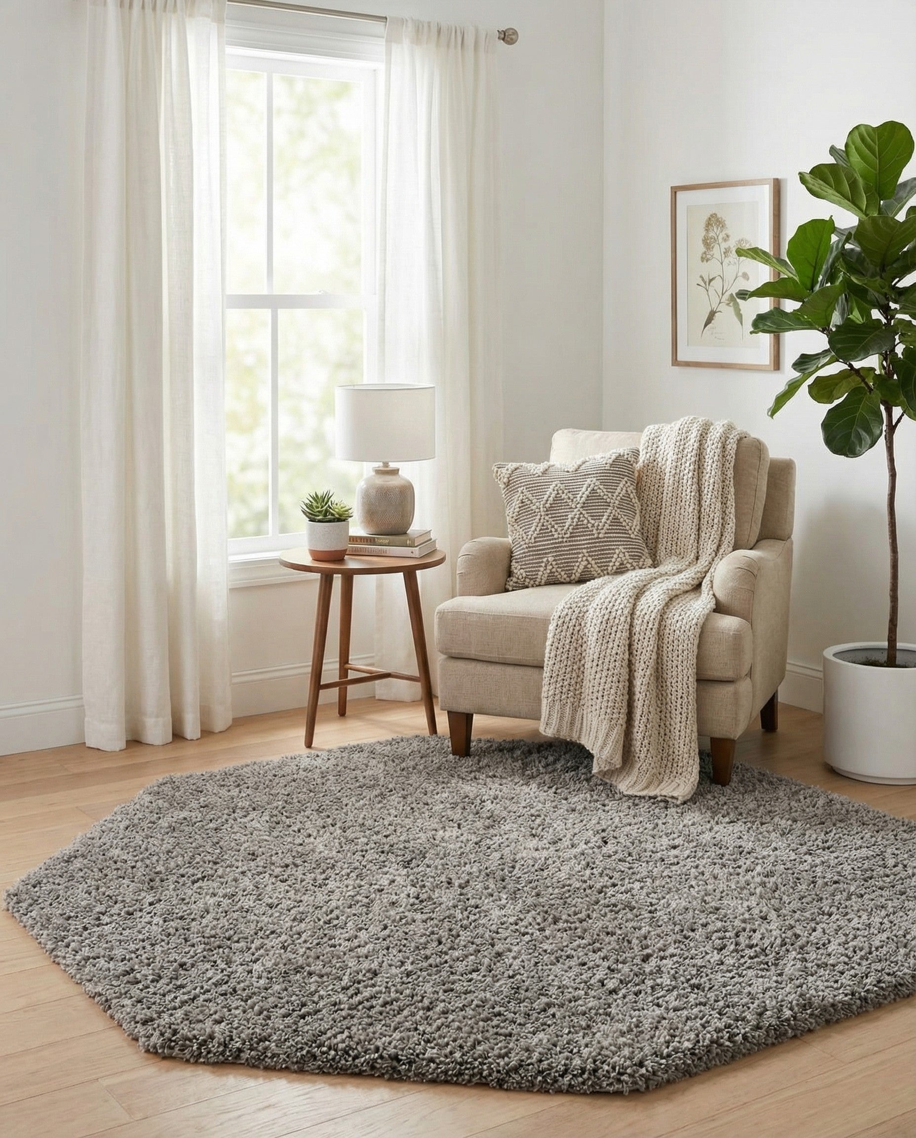  6' x 6' Solid Shag Octagon Rug