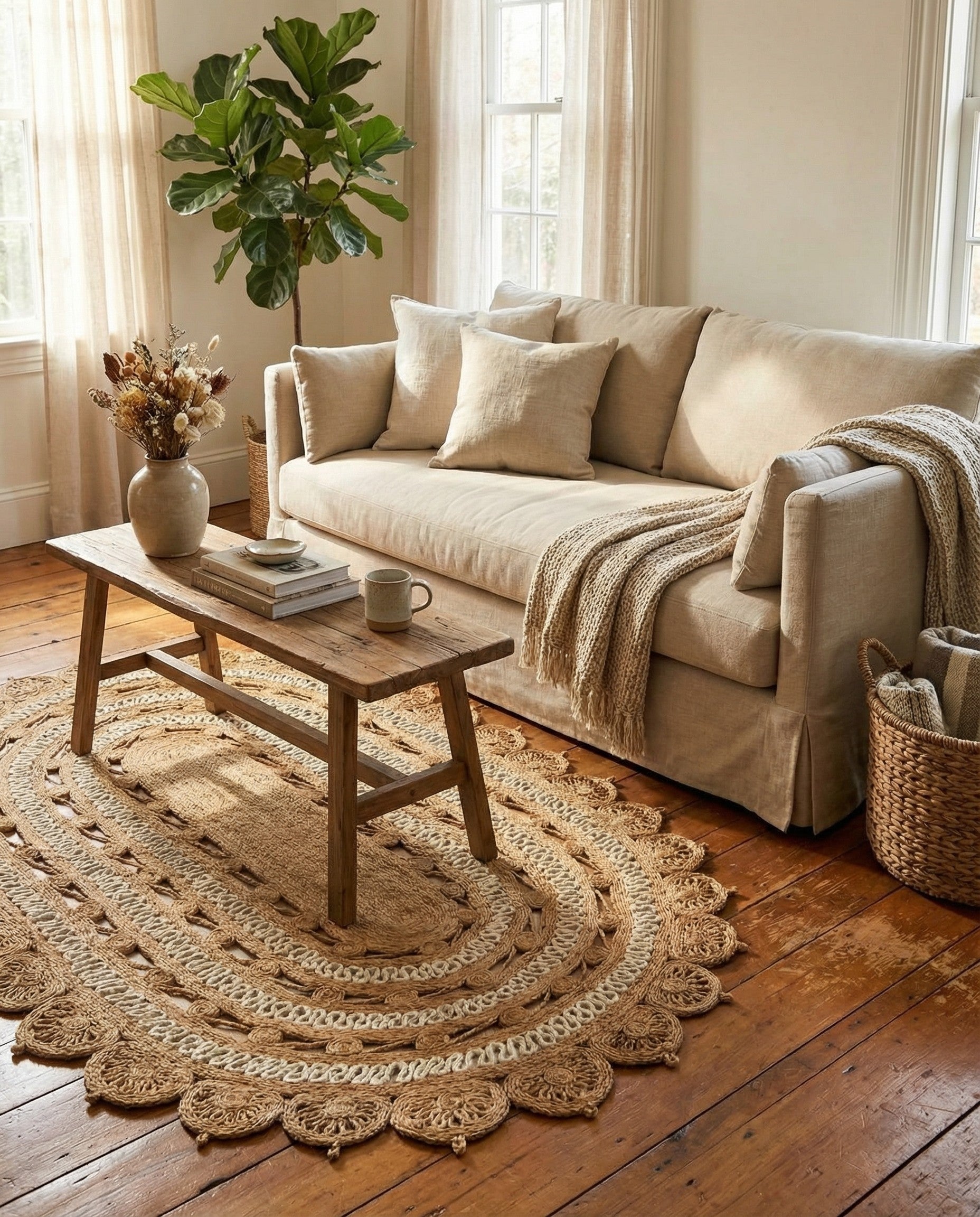 A 5' 1 x 8' 0 oval jute rug with natural brown and ivory braided patterns, featuring a scalloped edge.