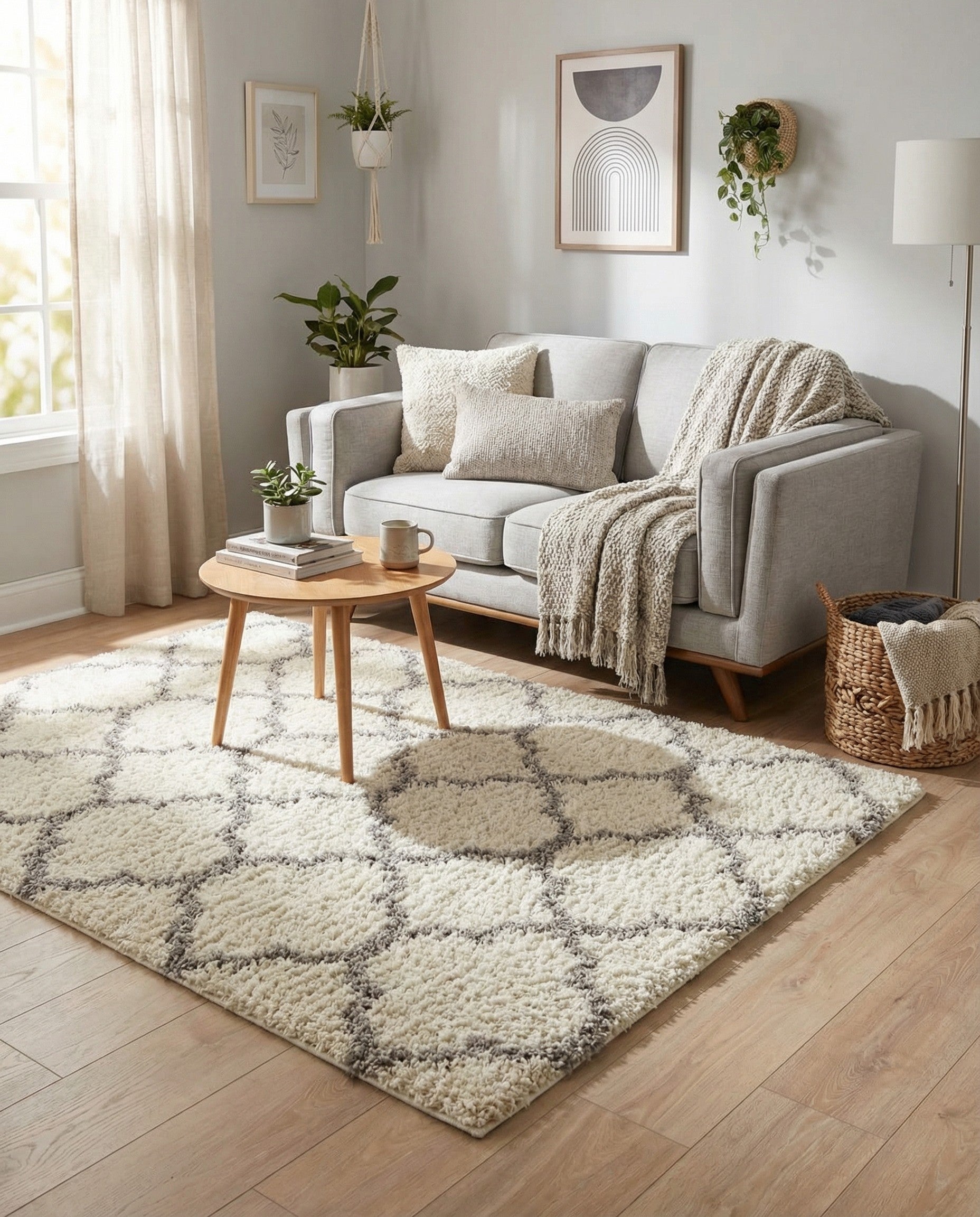 A square ivory and cream shag rug with a modern gray lattice pattern, featuring a high-low textured pile.