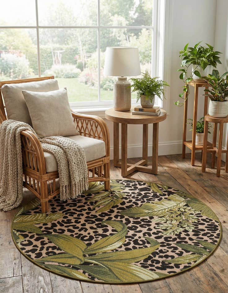 Detail image of  4' x 4'  Washable Botanical Indoor / Outdoor Round Rug