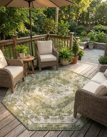 Green Easy-Clean Traditional Indoor / Outdoor Octagon Rug