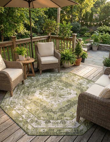 Green Easy-Clean Traditional Indoor / Outdoor Octagon Rug