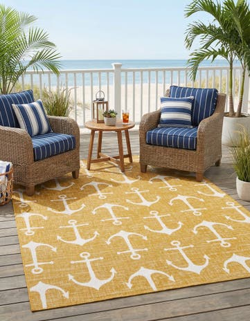 Yellow Easy-Clean Coastal Indoor / Outdoor Rug
