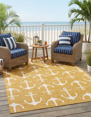 Yellow Easy-Clean Coastal Indoor / Outdoor Rug