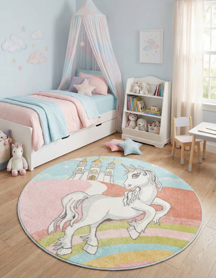 Detail image of 5' 3 x 5' 3 Unicorn Whimsy Kids Round Rug