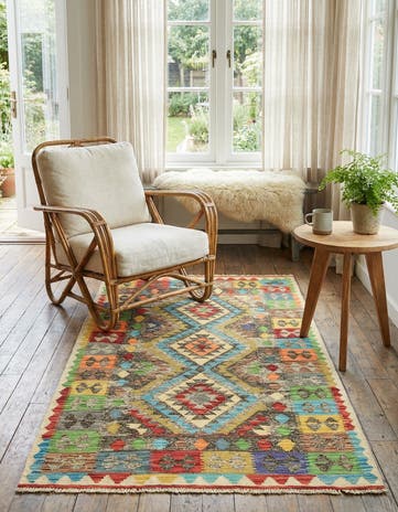 3' 8 x 6' 3 Hand Woven Kilim Maymana Wool Rug