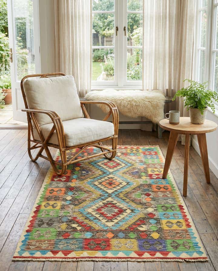3' 8 x 6' 3 Hand Woven Kilim Maymana Wool Rug