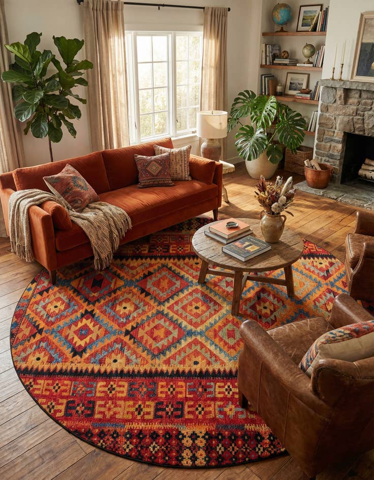 Detail image of 12' x 12'  Washable Tribal Indoor / Outdoor Round Rug