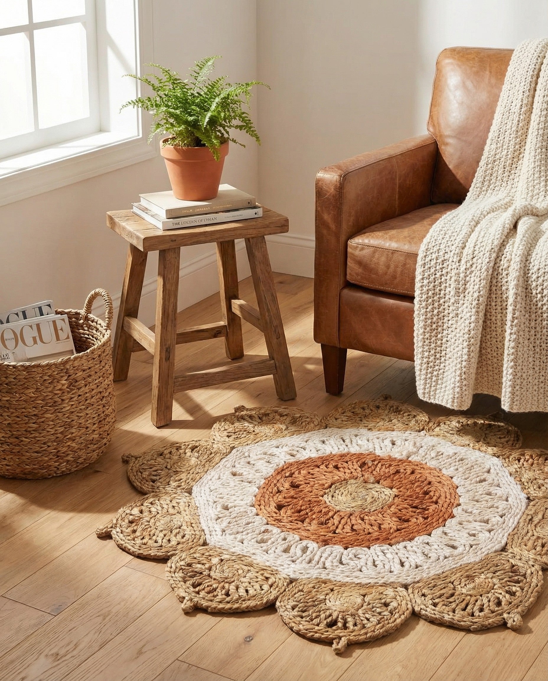 A 2' round natural jute rug featuring a central orange circle, a white braided ring, and an outer border of natural jute petals.