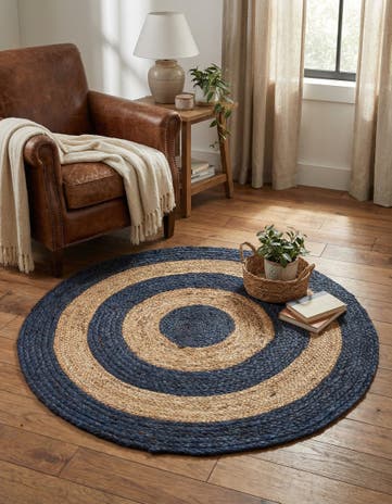Navy Blue Natural Handmade Braided Jute Round Rug