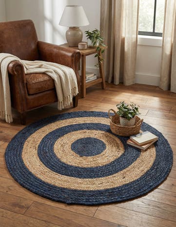 Navy Blue Natural Handmade Braided Jute Round Rug