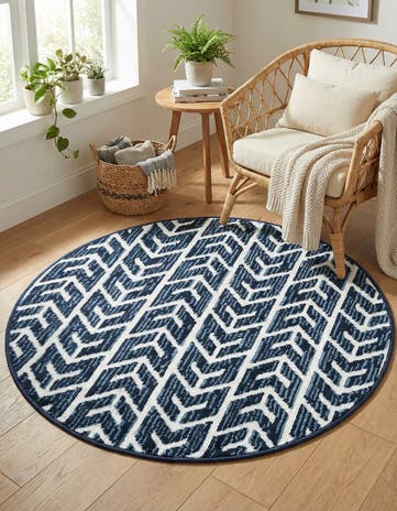 Navy Blue Easy-Clean Sabrina Soto Aston Indoor / Outdoor Round Rug
