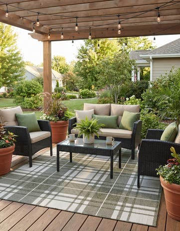Green Easy-Clean Checkered Indoor / Outdoor Rug