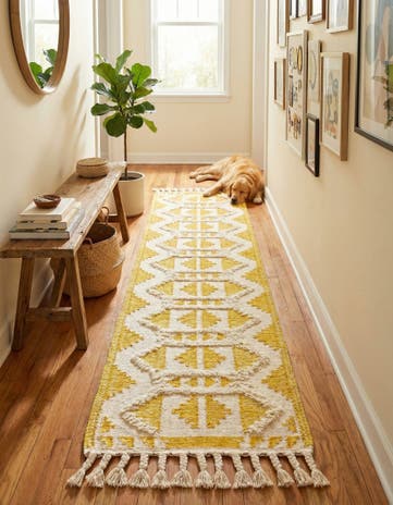 Yellow and White Hand Woven Arizona Wool Runner Rug