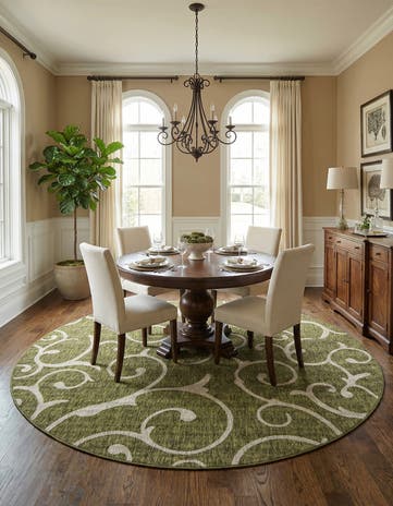 Green Easy-Clean Botanical Indoor / Outdoor Round Rug