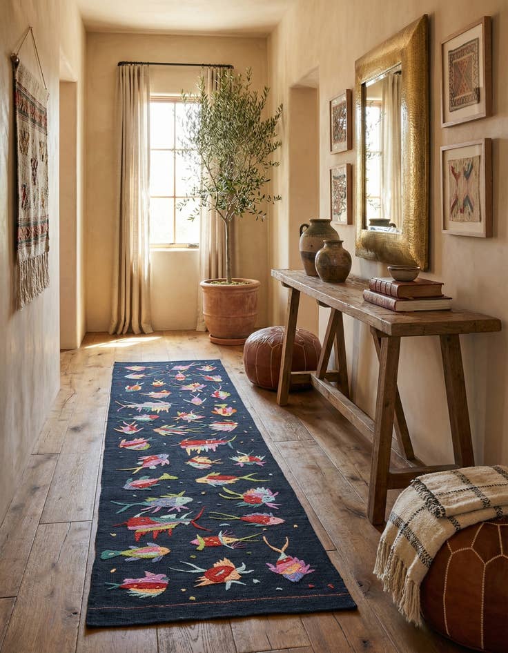 Detail image of 2' 7 x 9' 8  Hand Woven Kilim Suzani Wool Runner Rug