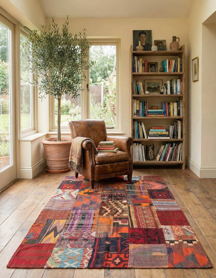 Detail image of 4' x 5' 10  Hand Woven Kilim Patchwork Wool Rug