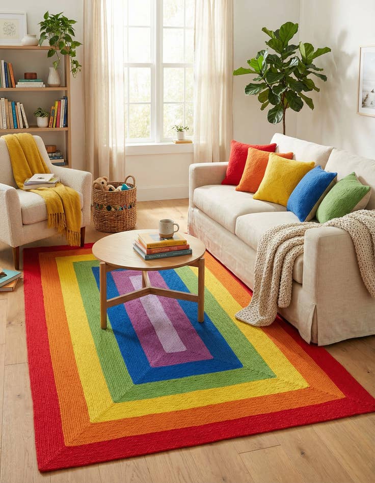 Detail image of  6' 1 x 9'  Hand Hand Braided Rainbow Wool Rug