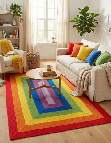 6' 1 x 9' Handmade Hand Braided Rainbow Wool Rug