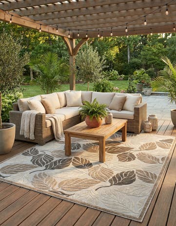 Beige Easy-Clean Botanical Indoor / Outdoor Rug