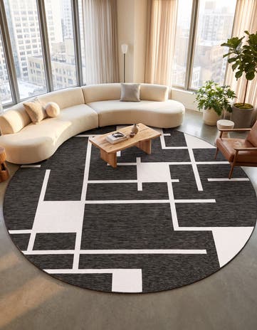 Black and White Easy-Clean Modern Indoor / Outdoor Round Rug