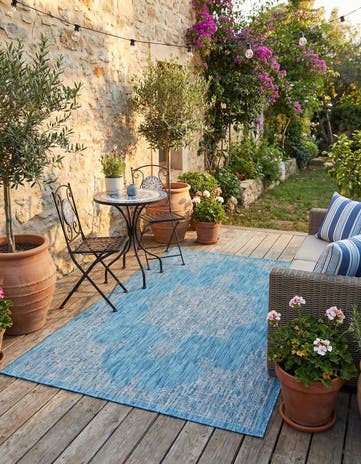 Light Aqua Easy-Clean Traditional Indoor / Outdoor Rug