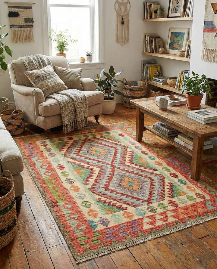 4' 1 x 5' 9 Hand Woven Kilim Maymana Wool Rug