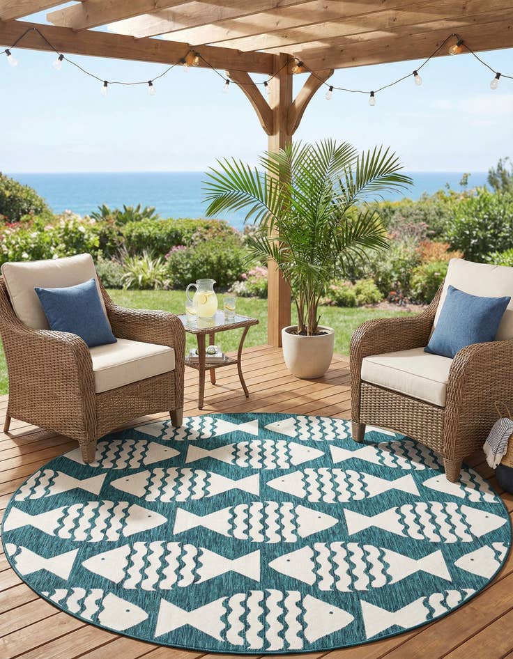 Detail image of 7' 10 x 7' 10  Washable Coastal Indoor / Outdoor Round Rug