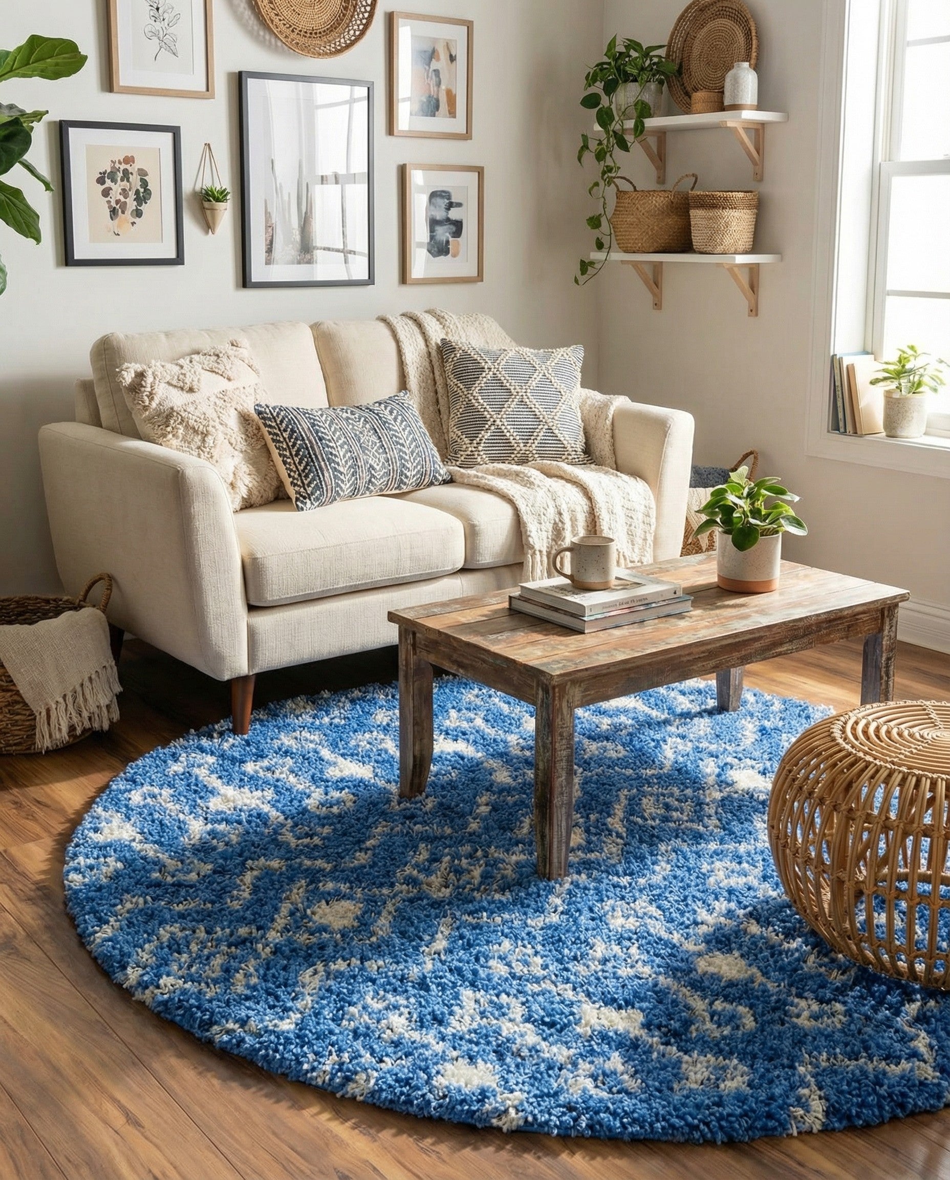 A round 3' 3" blue and white shag rug with a modern tribal trellis pattern, ideal for an indoor patio.