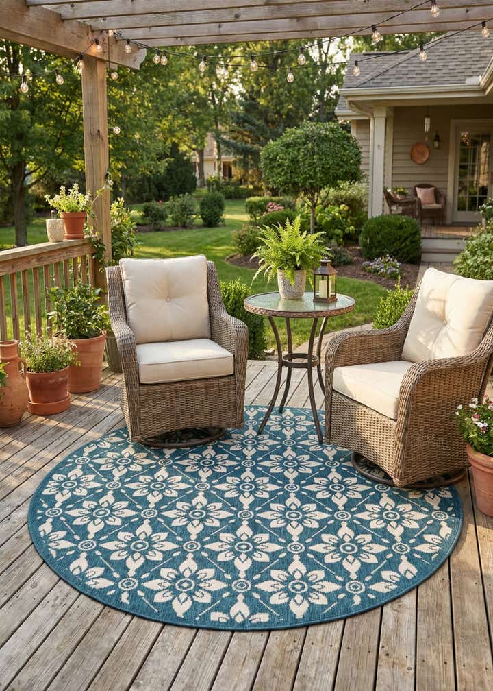 5' x 5' Easy-Clean Trellis Indoor / Outdoor Round Rug