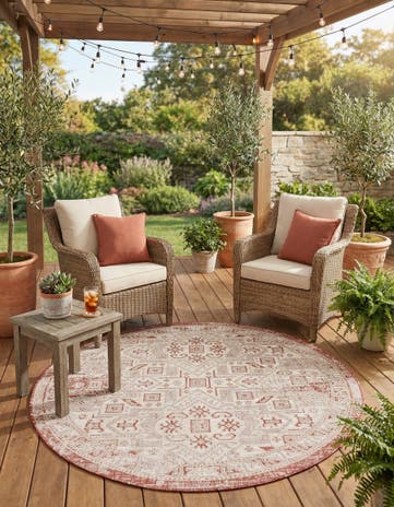 Rust Red Easy-Clean Aztec Indoor / Outdoor Round Rug