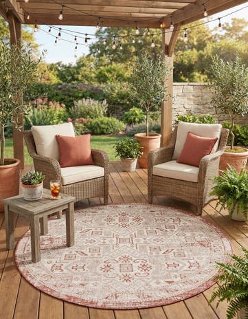 Rust Red Easy-Clean Aztec Indoor / Outdoor Round Rug