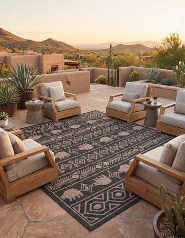 Black Easy-Clean Southwestern Indoor / Outdoor Square Rug