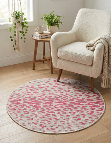 Pink Gray Easy-Clean Safari Indoor / Outdoor Round Rug