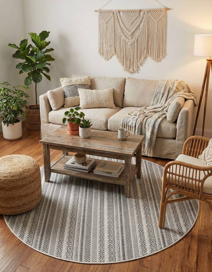 Detail image of 5' 3 x 5' 3  Washable Striped Indoor / Outdoor Round Rug