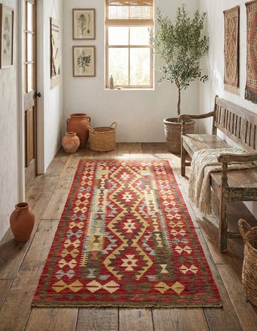 3' 4 x 6' 6 Hand Woven Kilim Maymana Wool Runner Rug