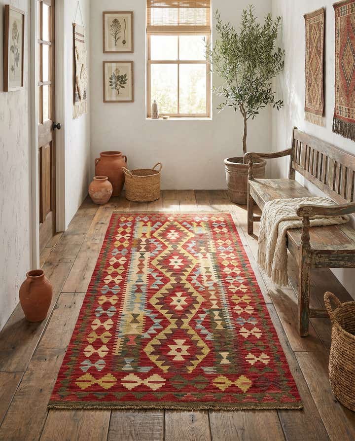 3' 4 x 6' 6 Hand Woven Kilim Maymana Wool Runner Rug