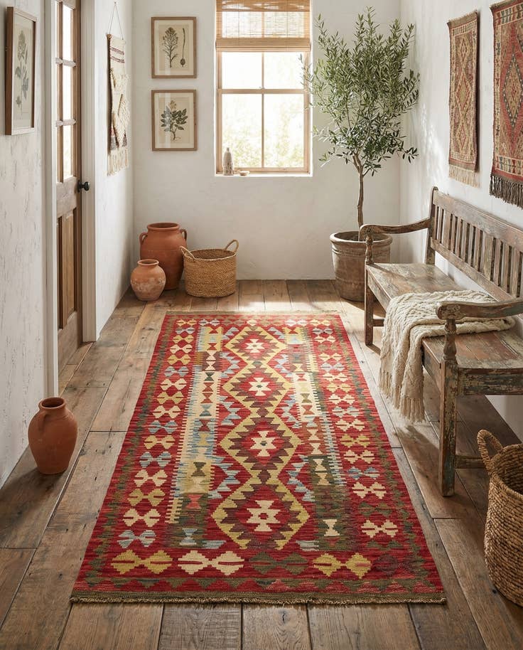 Detail image of 3' 4 x 6' 6 Hand Woven Kilim Maymana Wool Runner Rug
