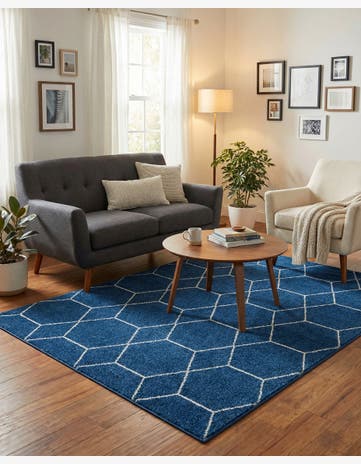Navy Blue Lattice Frieze Rug