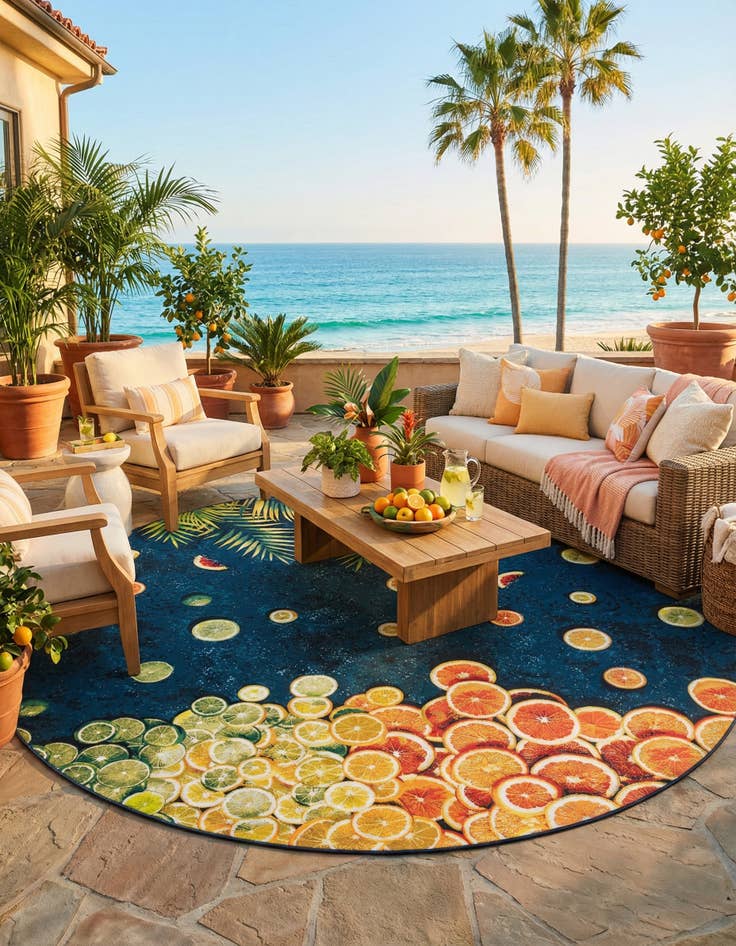 Detail image of 12' x 12'  Washable Coastal Indoor / Outdoor Round Rug