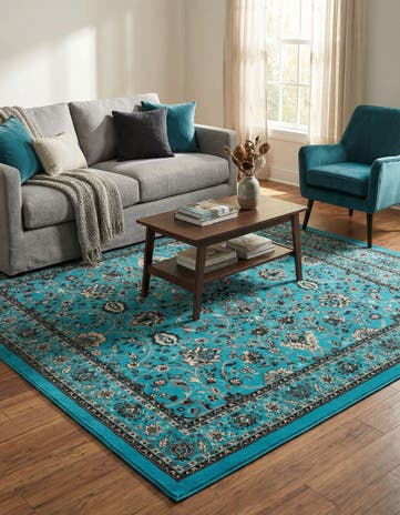 Turquoise Kashan Design Square Rug