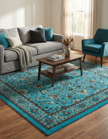 Turquoise Kashan Design Square Rug