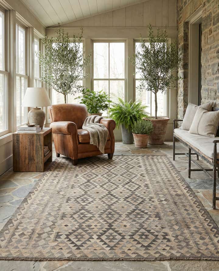 6' 8 x 9' 9 Hand Woven Kilim Maymana Wool Rug