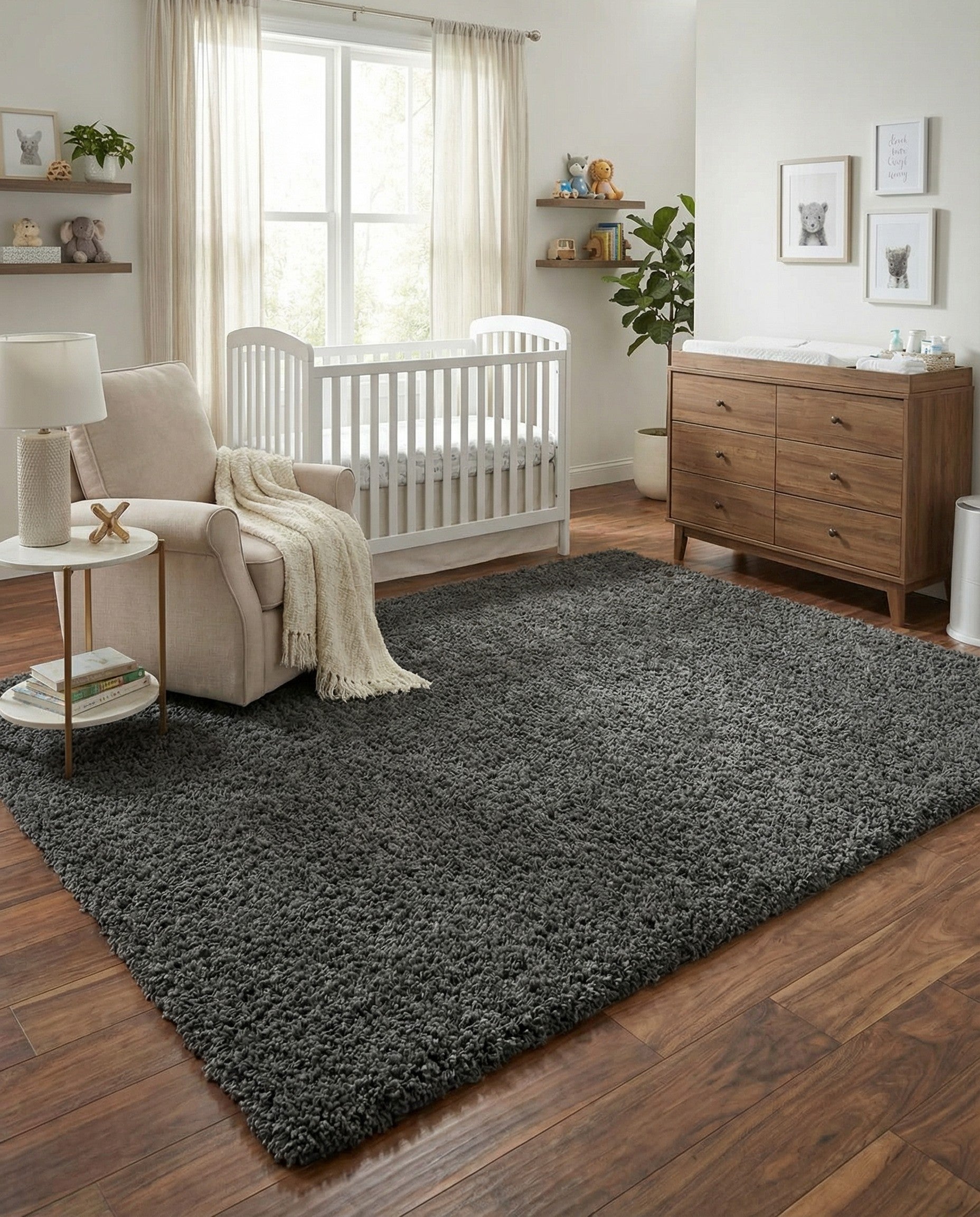 A large 10x13 rectangular gray shag area rug with a soft, textured pile, perfect for a modern living room or bedroom.