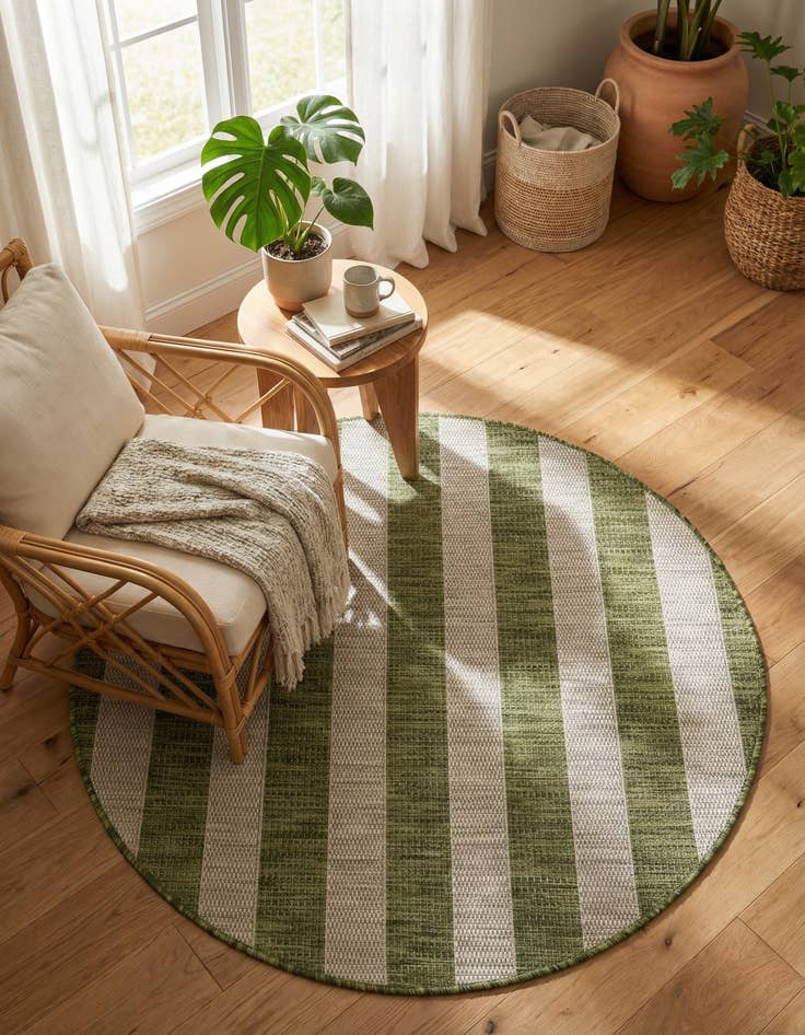Detail image of 4' x 4'  Washable Striped Indoor / Outdoor Round Rug