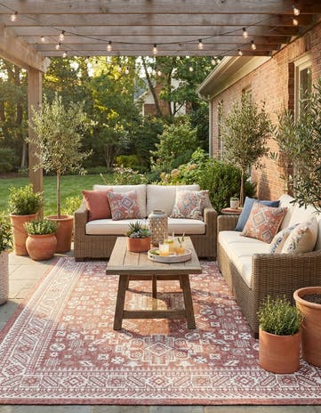 Rust Red Easy-Clean Aztec Indoor / Outdoor Rug