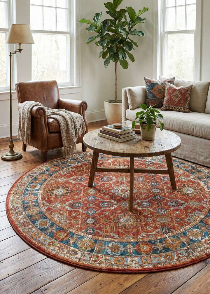 5' x 5' Easy-Clean Traditional Indoor / Outdoor Round Rug