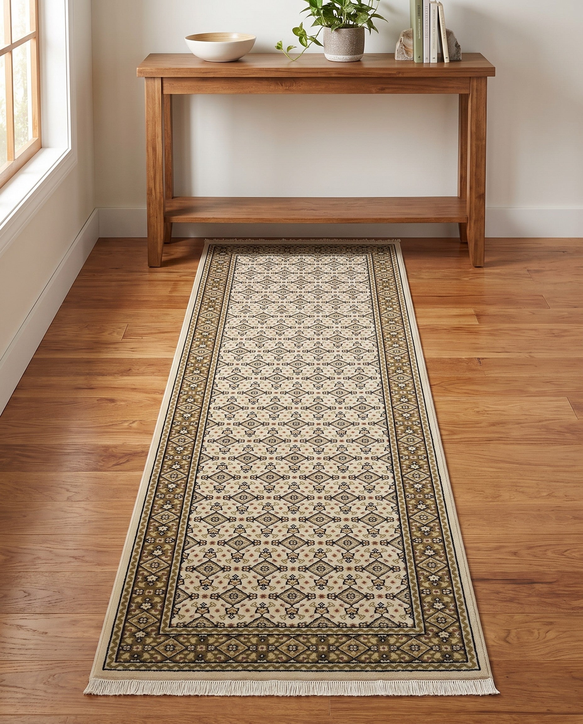 Ivory and Green Nain Design Runner Rug